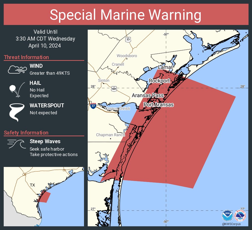 Special Marine Warning including the Waters from Port Aransas to Matagorda Ship Channel from 20 to 60 NM, Waters from Baffin Bay to Port Aransas from 20 to 60 NM and Coastal waters from Port Aransas to Matagorda Ship Channel out 20 NM until 3:30 AM CDT