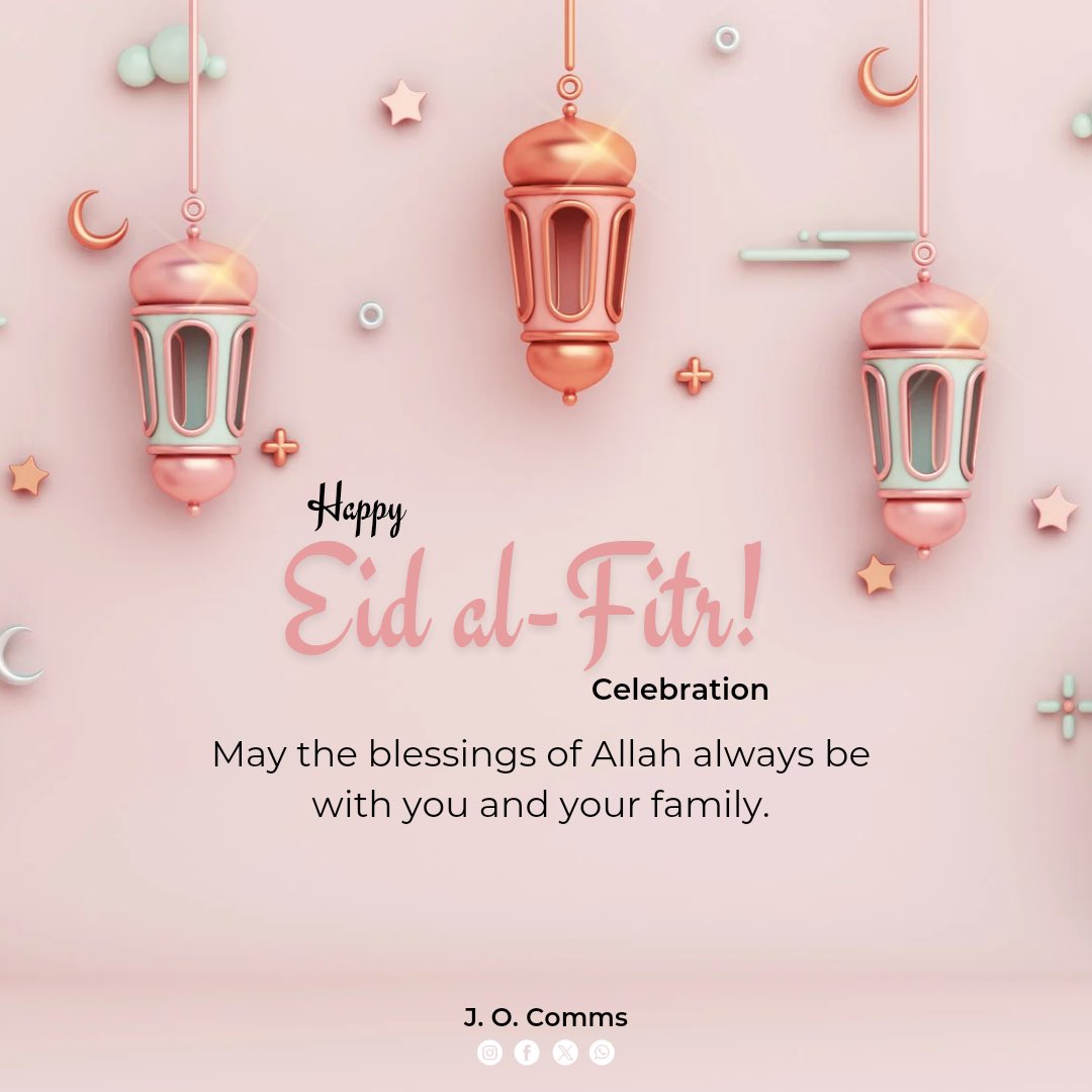 Warmest Eid-El-Fitr wishes to our Muslim brothers and sisters! May this joyous occasion bring you peace, happiness, and countless blessings - From the CEO and Management of Jocomms 

#EidMubarak #EidAlFitr #JoyousOccasion #Peace  #MuslimUnity #Jocomms #JoconsultancyandPartners