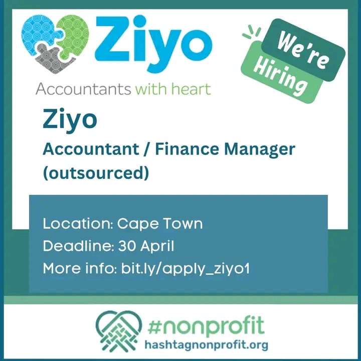 Ziyo is a specialist consulting and accounting practice based in Plumstead, Cape Town. They are looking for an:

⭐️  Accountant / Finance Manager (outsourced)
🌐  Based in Cape Town
📅  Apply by 30 April
👉  Details: bit.ly/apply_ziyo1

#wearehiring #nonprofit #accountant