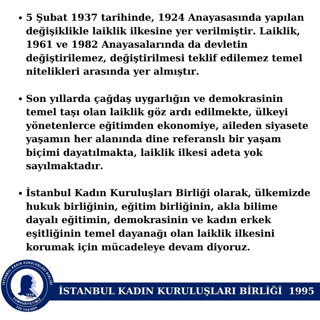 10 Nisan Anayasa’da laiklik ilkesine ilk adımın 96. Yılı İstanbul Kadın Kuruluşları Birliği Basın Açıklaması. Detaylı bilgi için linkle bakabilirsiniz. nazanmoroglu.com/anayasada-laik… @nznmor