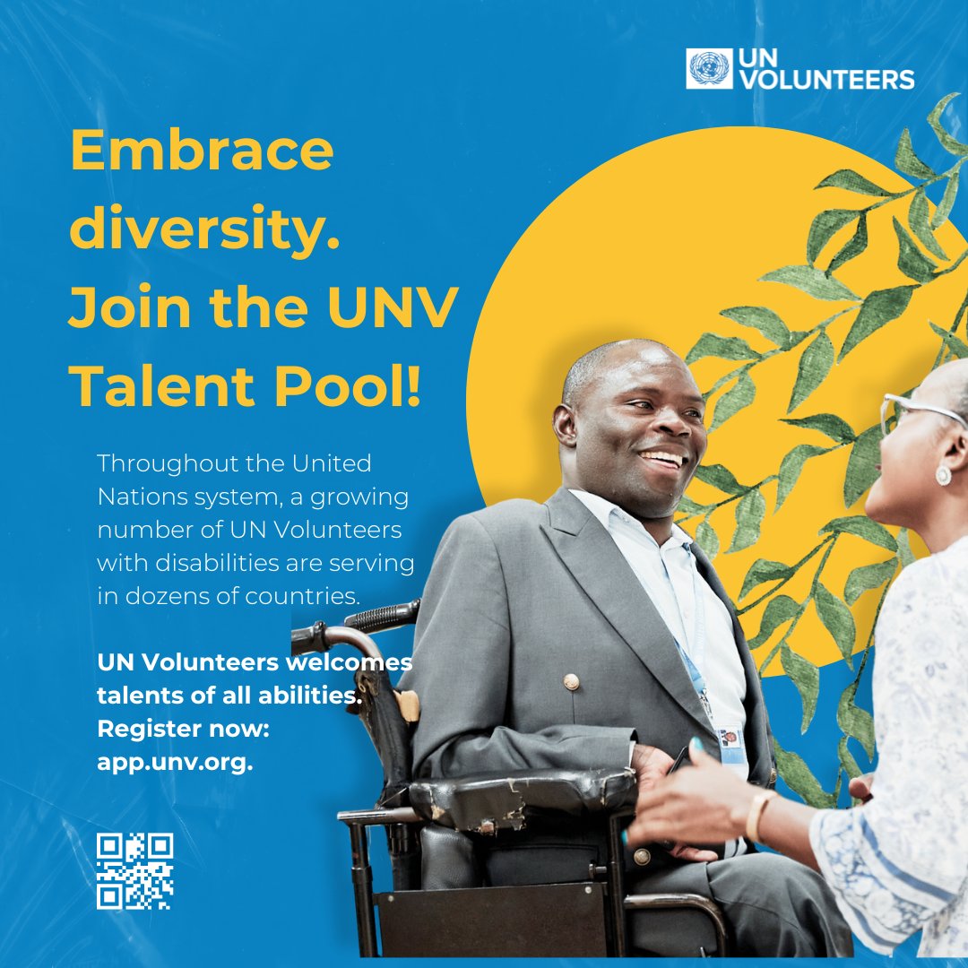 UNV is committed to promoting an inclusive world where everyone achieves their full potential. Are you a person living with disability, or do you know someone who is? Here are open opportunities to volunteer in the @UN: t.ly/HnYdS