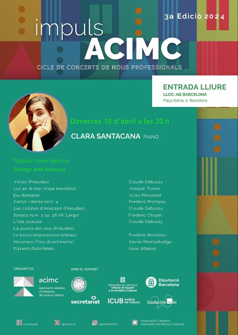 💥Ja tenim aquí el segon recital del cicle #impulsACIMC, a càrrec de la pianista @clarasantacana. 
🎹Una proposta cultural molt interessant de l'entitat @ACIMC2, us hi esperem!

📅Dimecres 10 d'abril
⏰20 h
📌Seu de l'@aieartistas Pl. Ibèria, 4 
✅Entrada lliure