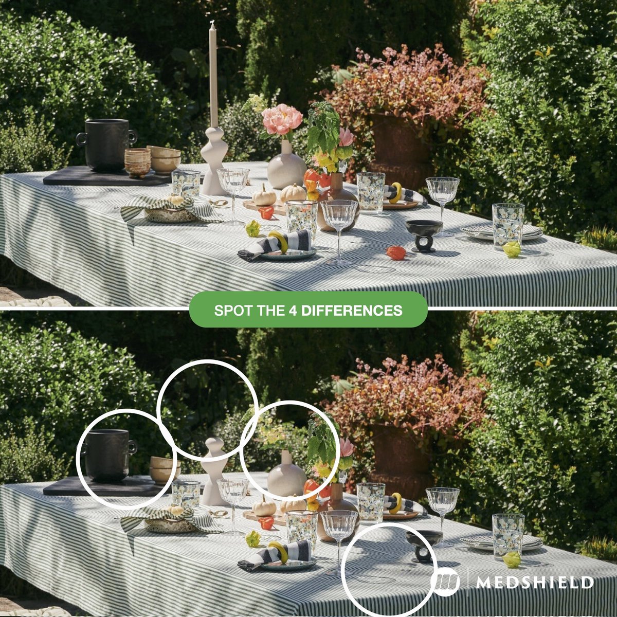 #MedshieldSA #win #EnterToWin
Spotted 4 differences
1.Missing Candle
2.Clay cup missing 
3. Pink flower missing from white vase
4. Habenero chilli missing