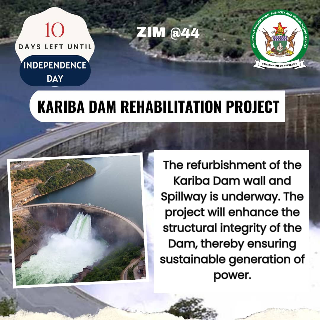 The refurbishment of the Kariba Dam wall and spillway is underway.  The project will enhance the structural integrity of the Dam, thereby ensuring sustainable generation of power. @ZBC News online.
#EDWORKS towards #Vision2030 ✊🇿🇼
@ZANUPF_Official         @Varakashi4ED