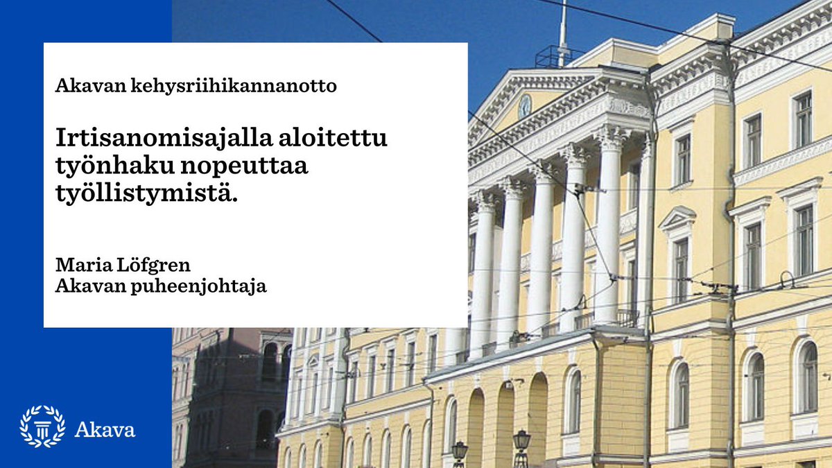 Irtisanomisajalla aloitettu työnhaku nopeuttaa työllistymistä ja säästää työttömyysturvamenoja. Yritystenkin on annettava oma panoksensa uudelleentyöllistymisen edistämiseen. Lue lisää 👉🏼akava.fi/verkkouutiset/… <a href="/AkavaRy/">Akava</a> #kehysriihi