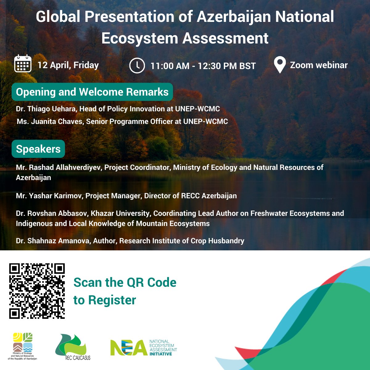 📢Join us! 

UNEP-WCMC's National Ecosystem Assessment (NEA) Initiative will be conducting an online webinar to present main findings, lessons learned and challenges faced during the national ecosystem assessment process in Azerbaijan. 
 
Register here🔗 eu1.hubs.ly/H08sW3Y0