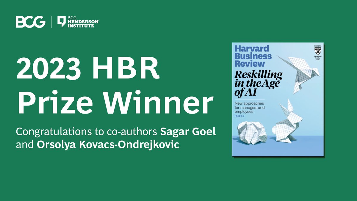 Have you read the best @HarvardBiz article of 2023? “Reskilling in the Age of AI”, now the 2023 HBR Prize winner, is an in-depth study of how companies are reskilling their employees in a rapidly evolving era. Read the winning article here: on.bcg.com/3U7W8PR