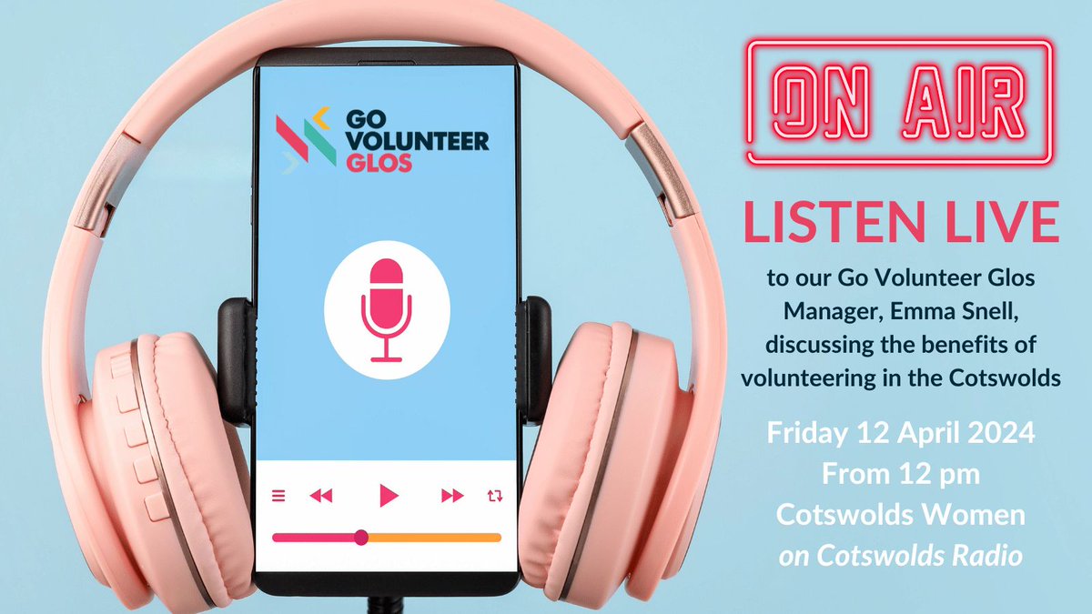 Don't forget that our Go Volunteer Glos Manager, Emma Snell, will be joining the @CotswoldsWomen on @Cotswolds_Radio this Friday (12 April) from 12 pm 📻 Listen live: buff.ly/3EukL1w #VCSENewsGlos @GoVolunteerGlos #Gloucestershire @Glos_RCC