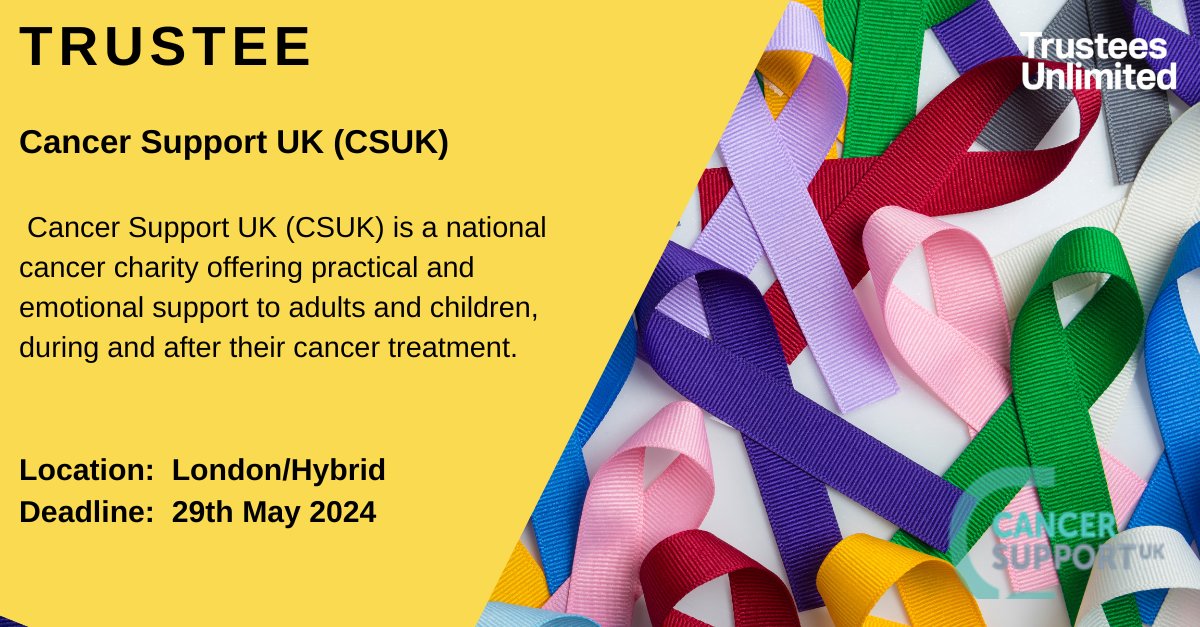 ***New Trustee role***

@CSupportUK

More info: trustees-unlimited.co.uk/roles/cancer-s…
Deadline: 29 May 2024

#Leadership #Governance #CharityTrustee #TrusteeRole #Trustee #GoodGovernance #Charity #CharityRole #CharityJob #Trustees