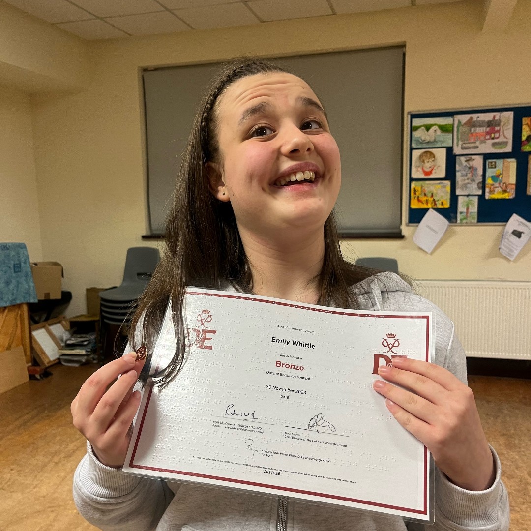 A huge congratulations to Emily for completing her Bronze Duke of Edinburgh award! Emily is registered blind and received a braille certificate to celebrate her incredible achievement! Congratulations Emily 🥳