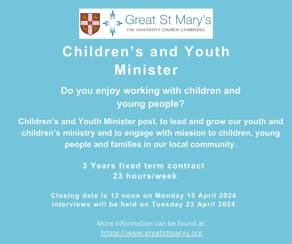 Job opportunity at Great St Mary’s: Do you enjoy working with children and young people? Children’s and Youth Minister post, for more information please visit buff.ly/3BiiDap.
