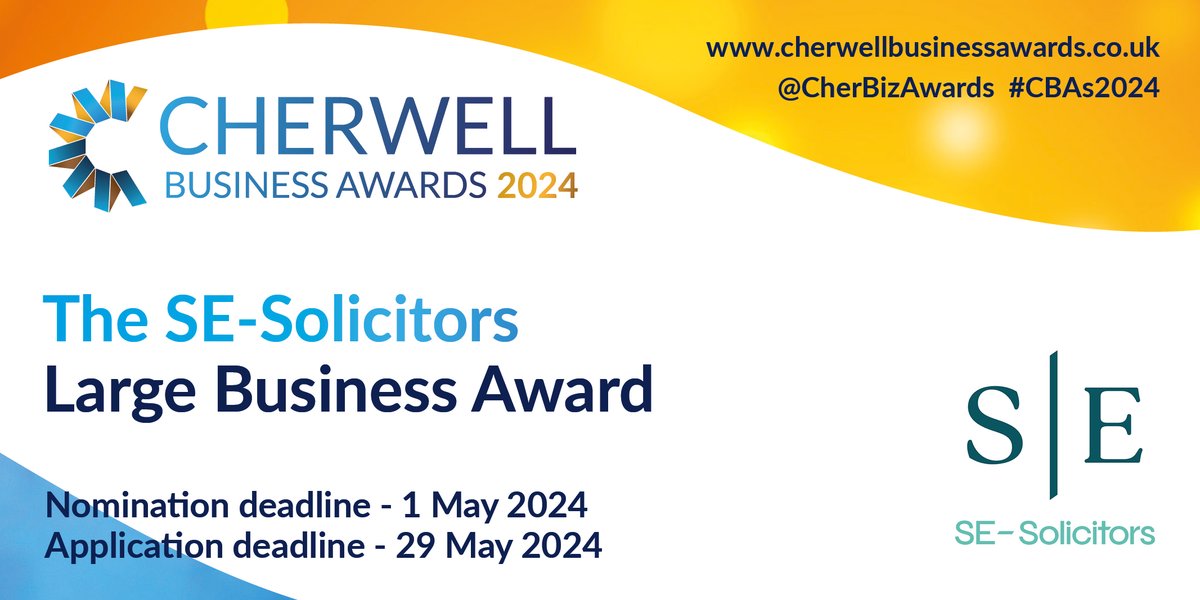 The Large Business Award, sponsored by SE-Solicitors is open to businesses who are based in the Cherwell area that has been trading for more than 4 years & who have a turnover of £4M+. Nominate a business or apply yourself today for the #CBAs2024 ⬇️ tinyurl.com/2r9yr746