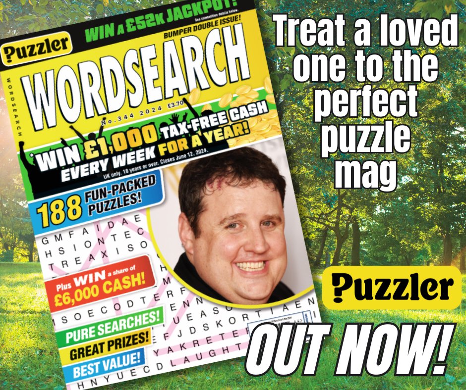 The new issue of PUZZLER WORDSEARCH is out today! It's packed with 188 puzzles and fun celebrity wordsearches including one featuring the brilliant PETER KAY 🤩 And don't forget that we still have that HUGE JACKPOT of £52,000 up for grabs! #puzzler #wordsearch #peterkay