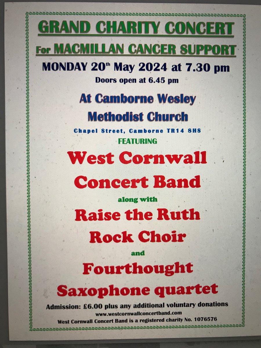 @PetrocTrelawny some wonderful music in #Camborne on 20th May to raise money for people suffering from #Cancer in #Cornwall
