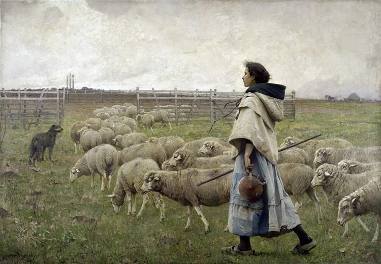 The Return of the Troop by Charles Sprague Pearce (American artist, lived 1851-1914). Statuesque shepherdess with her dog and flock of many sheep, elegantly capturing the (idealised) serene routine of rural life.