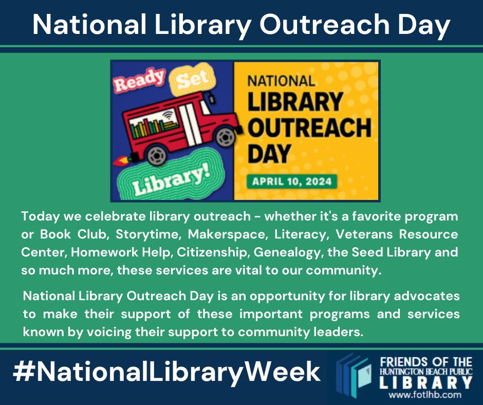 Take action this National Library Outreach Day by attending the Community & Library Services Commission meeting at 6:00pm at City Hall in Council Chambers.  If you cannot attend this meeting in person send an email to cgomez@surfcity-hb.org.   
#NationalLibraryWeek #HBPL