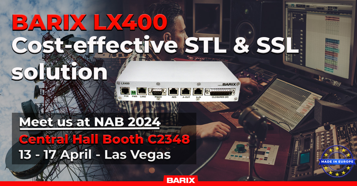 🎙 Are you part of the #Broadcast industry? Join us at #NAB2024 where Barix AG presents the LX400, streaming of audio in OPUS, AAC+, and PCM uncompressed formats with configurable constant audio delay.

🚨 Arrange a meeting with our experts at info@barix.com see you in Vegas!