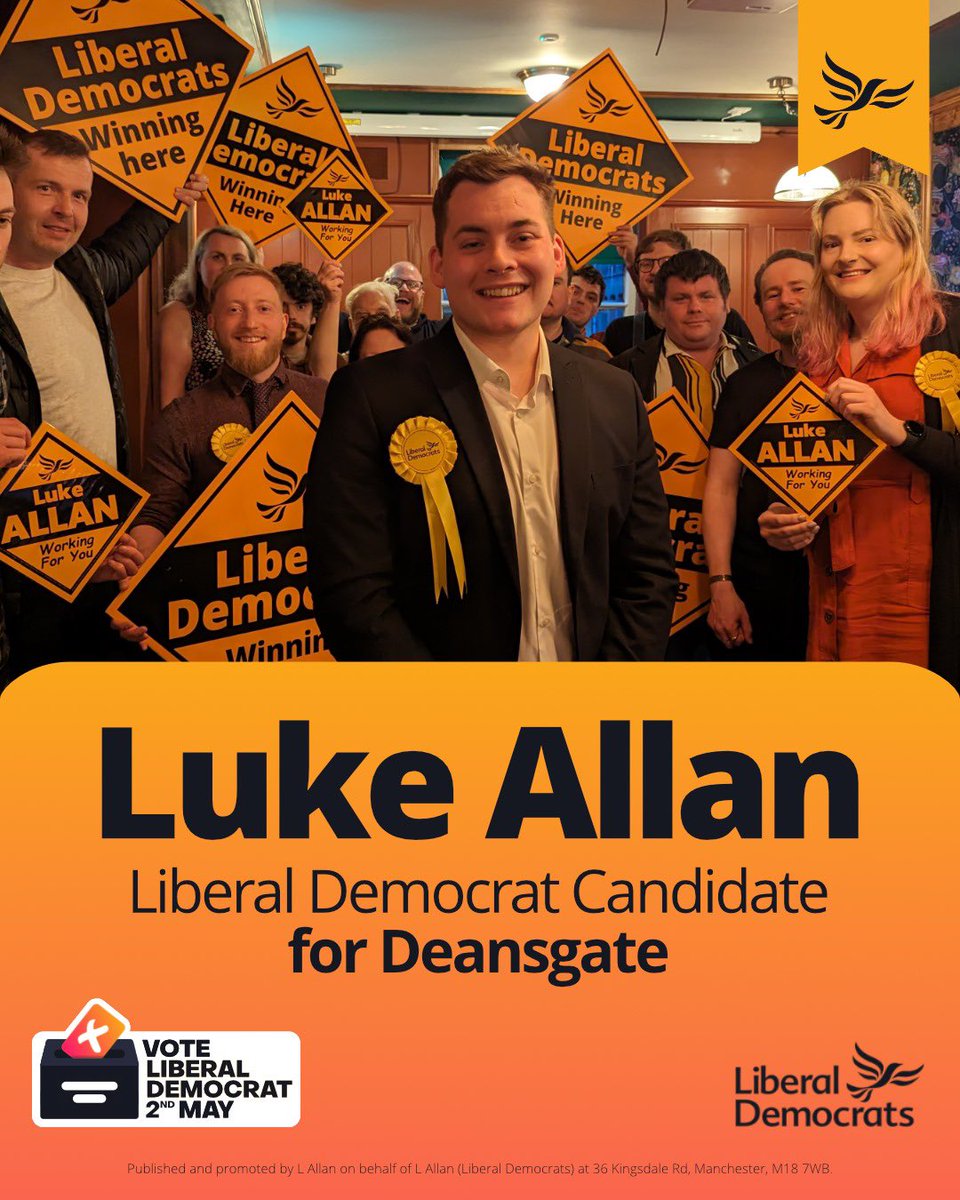 Proud to announce that I'm running in Manchester's local elections as the <a href="/LibDems/">Liberal Democrats</a> candidate for Deansgate.

<a href="/CityCentreLDs/">MCR Central Lib Dems 🔶</a> are committed to:

🏠 Fighting for affordable housing
🧼 Cleaning up the streets
🌳 Protecting green spaces
⚖️ Ensuring accountability
💛 A fair deal