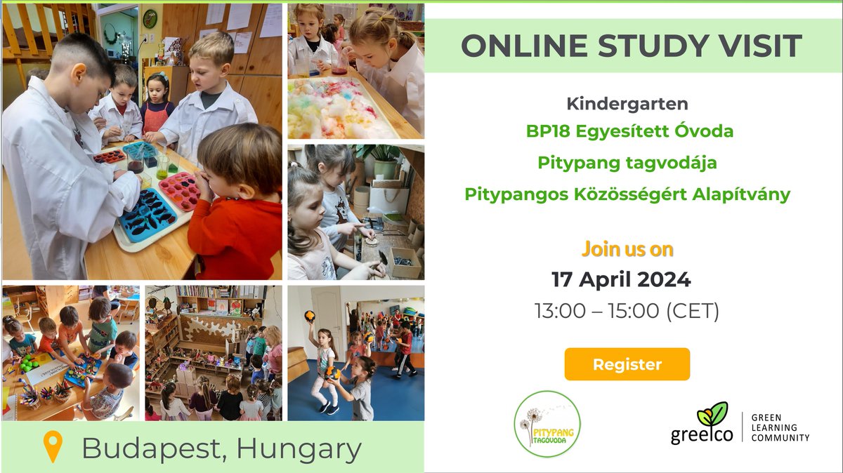 📅17 April | 13:00 – 15:00 CET Join the fourth GREELCO Study Visit to learn how the teachers at #Kindergarten Pitypangos in Budapest🇭🇺, inspire children’s imaginations, enabling them to explore their interests in small groups & at their own pace. 📝Sign-up details below ⤵️(1/2)