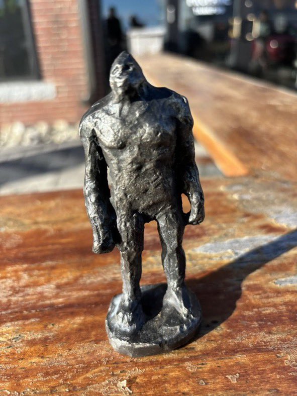Pewter, solid metal, 7+ inches tall, statuette of Giwakwe, name used by Maine Native Americans for Sasquatch—sculpture by artist Richard Kylver. Obtained at International Cryptozoology Museum by @MitchHorowitz. @CryptozooMuseum @CryptoLoren