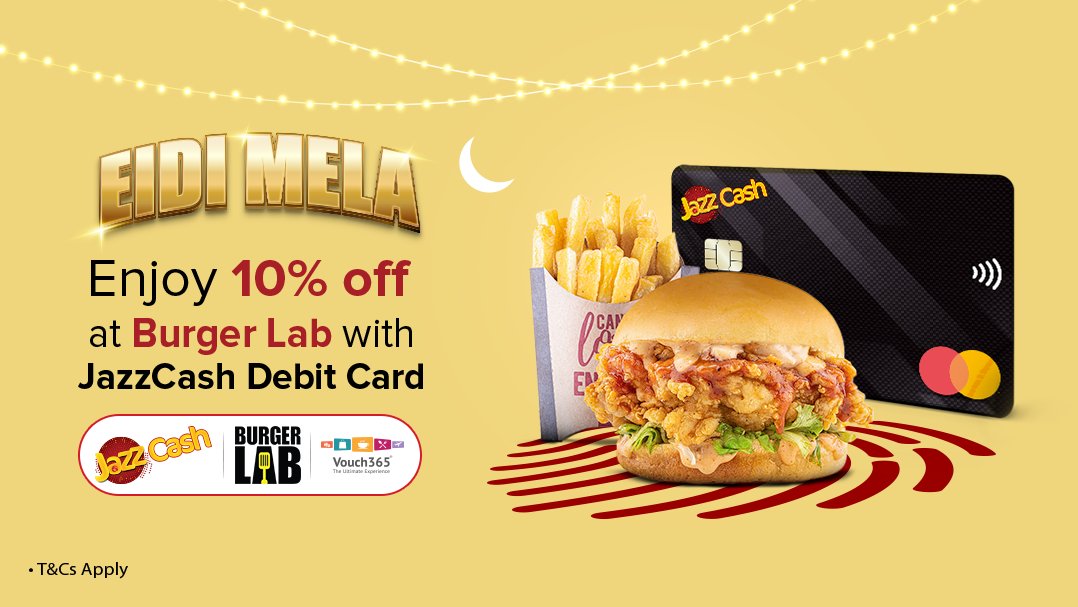 Celebrate Eidi Mela in style! Enjoy 10% off at Burger Lab with JC Debit Card. Treat yourself to mouthwatering burgers and refreshing beverages while saving big with JazzCash. Hurry, download now and make the most of your Eidi celebrations: bit.ly/3CS8cti