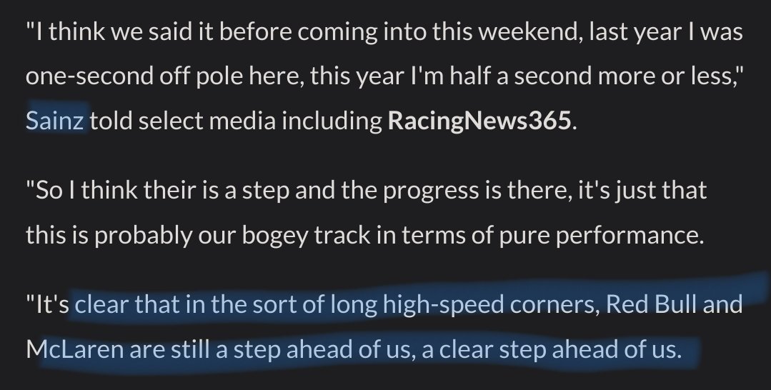 I do wonder what telemetry they showed him. Because sure they're maybe still a tiny bit better there but it was so obvious that it was the slow speed corners especially the last chicane that was the problem.