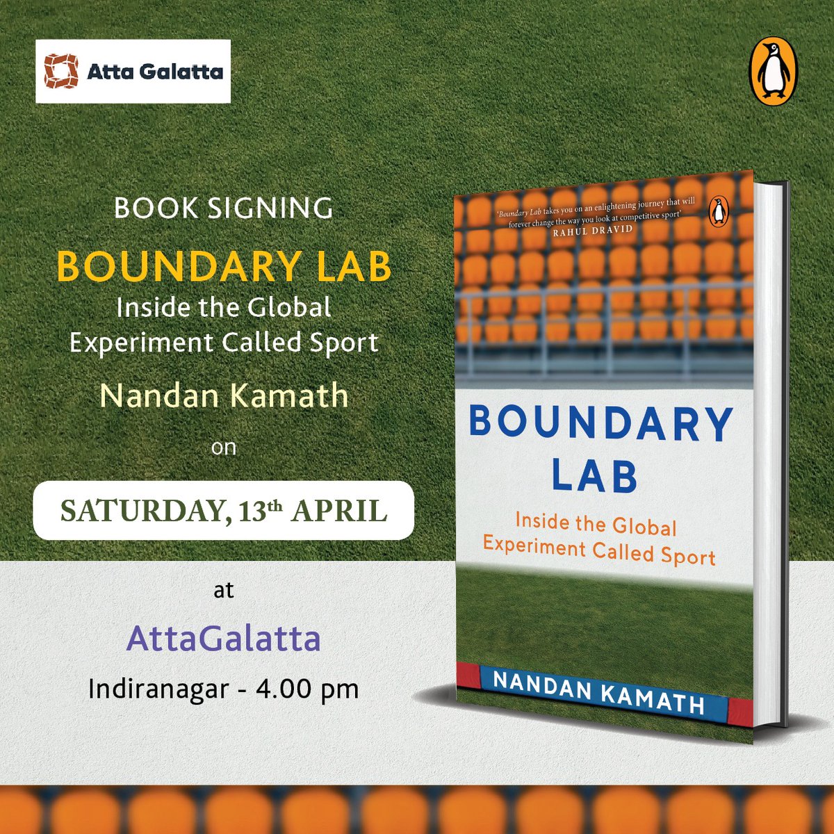 Join us for an enlightening journey into the world of sports with @nandankamath at the book signing event of 'Boundary Lab: Inside the Global Experiment Called Sport' on Saturday, April 13th, 4:00 pm, at AttaGalatta, Indiranagar. Don't miss out! @PenguinIndia