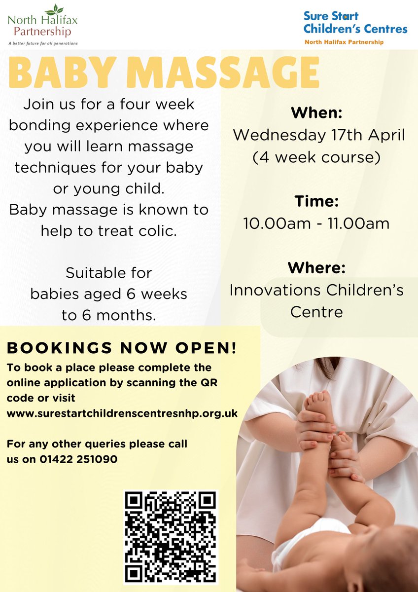 🌟 Baby Massage 🌟 👶 Join us for a heartwarming four-week Baby Massage Course designed to deepen the bond between you and your little one! 👶 Secure your spot today by completing our booking form - surestartchildrenscentresnhp.org.uk/core-services/… #inclusive #collaborative #empowering #locallyfocused