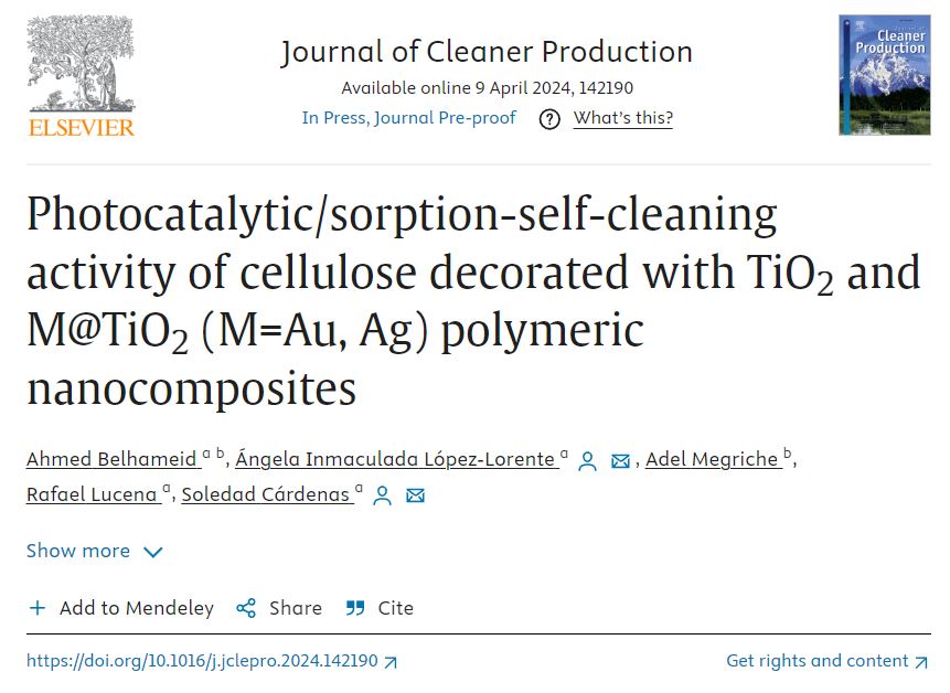 📢 New Research Alert! Our article “Photocatalytic/Sorption-Self-Cleaning Activity of Cellulose Decorated with TiO2 and M@TiO2 (M=Au, Ag) Polymeric Nanocomposites” has been accepted for publication in J Cleaner Production
Link to Article: doi.org/10.1016/j.jcle… #OpenAccess