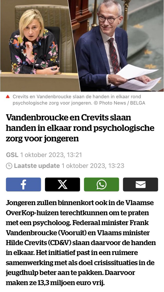 Met minister @crevits en @cdenv zijn de Overkop-huizen gegroeid van 6 naar 60 over héél Vlaanderen.

Én Crevits werkt nét goed samen met Vandenbroucke rond psychologische zorg voor jongeren👇

Dus waarom die polarisatie hierover, dit helpt alleen de extremen. Bijzonder jammer 😭