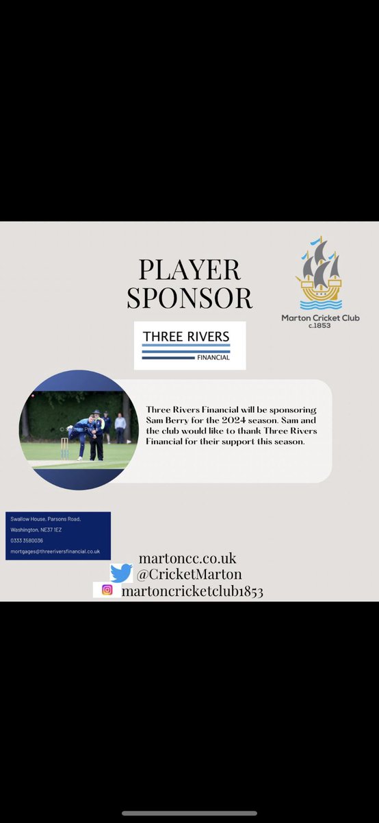 🚨Sponsorship🚨 Next up with his sponsor for the year is @samberry16 who is kindly sponsored by Three Rivers Financial. Sam and the club would like to thank them for their continued support 🏏 #UTM