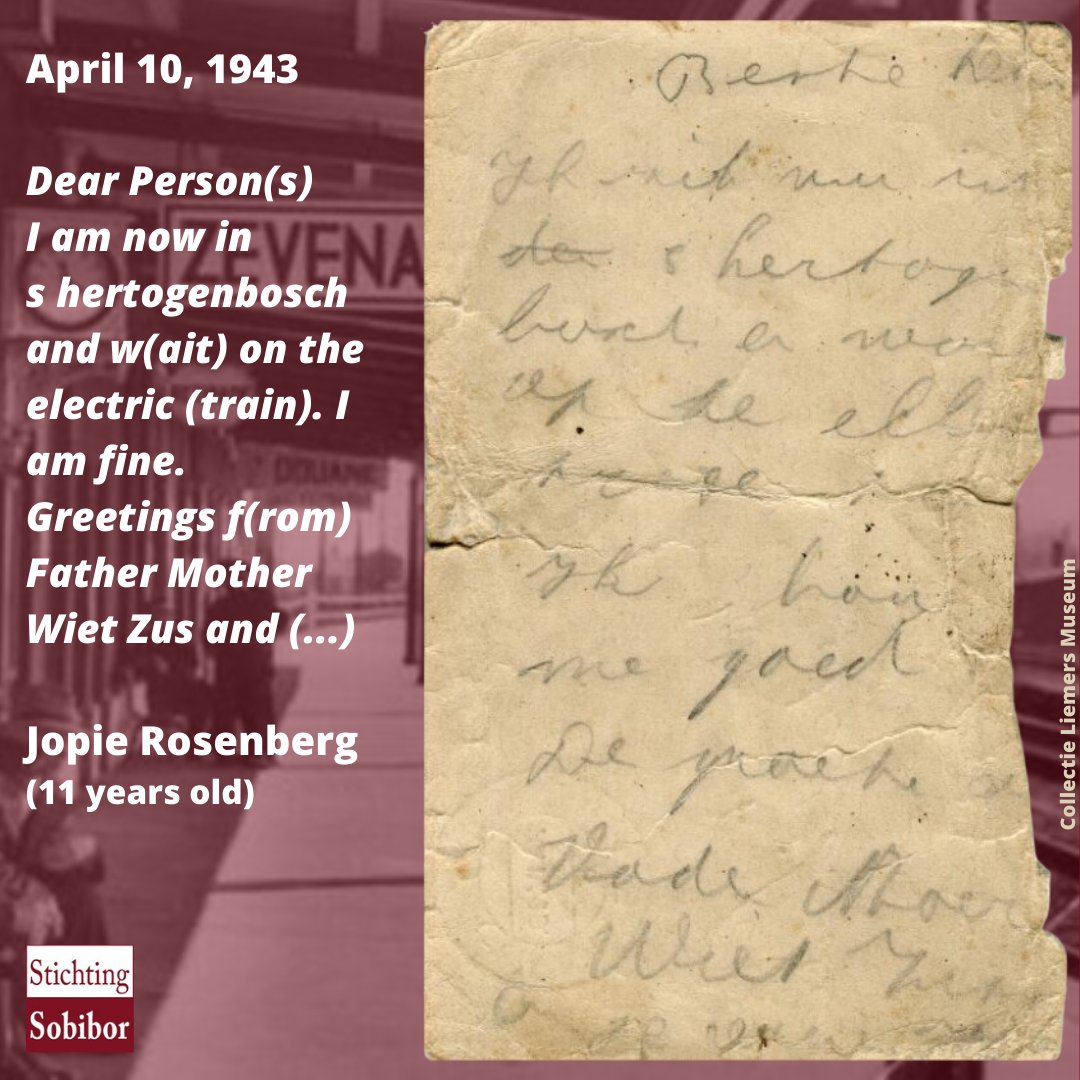 10.04.1943 | 11 y/o Jopie Rosenberg from Zevenaar, while on his way to Vught concentration camp, sent a postcard to Teun Geurds, the father of his friend Harry. Teun Geurds is a shoemaker in #Zevenaar, where Jopie's parents had a butcher shop. Jopie was murdered in Sobibor.👇🏼1/4