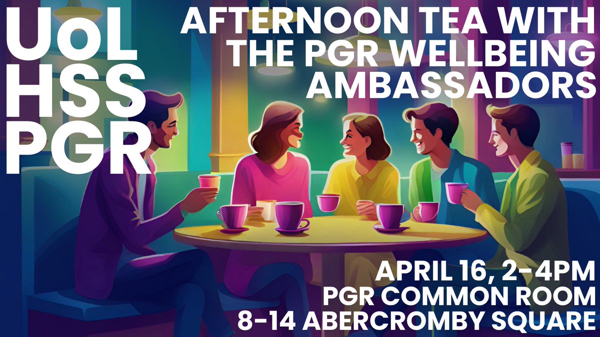 Less than a week to go until our "Meet the PGR Wellbeing Ambassadors" Afternoon Tea! If you haven't met them before, this is a great opportunity to drop in and say hello. They will be in the PGR Common Room between 2 and 4 on Tuesday 16th. Make sure you pop in!