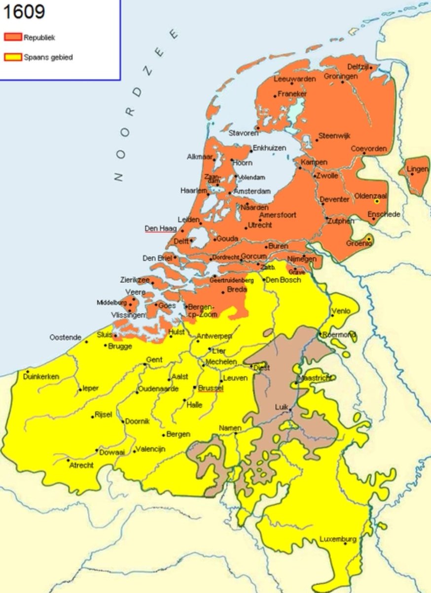 Kaartje v/d Nederlanden anno 1609: de historicus in mij heeft hier problemen mee. Anno 1609 waren de Zuidelijke Nederlanden immers niet langer verbonden aan de Spaanse kroon, maar vormden een onafhankelijk land met eigen vorsten (Albrecht & Isabella). Spanje had wel nog invloed