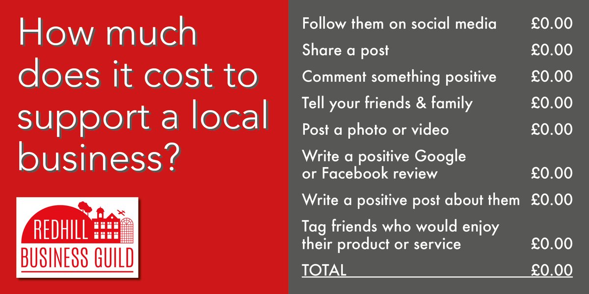😍 How much does it cost to support a #Redhill business? Spread a little digital love to our local business community. From our well-loved chains run by local people to our fabulous independent shops & organisations - they all need our support. #RH1 #RedhillBusiness #SupportLocal