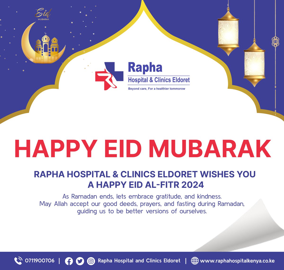 Eid Mubarak!** Celebrate health & wellness with @RaphaEldoret. Embrace the Eid spirit with gratitude & kindness. Your well-being is our joy! 
📲: 0711900706
raphahospitalkenya.co.ke
raphahospitalkenya.co.ke

#EidMubarak #RaphaCares #HealthierTomorrow #Eldoret