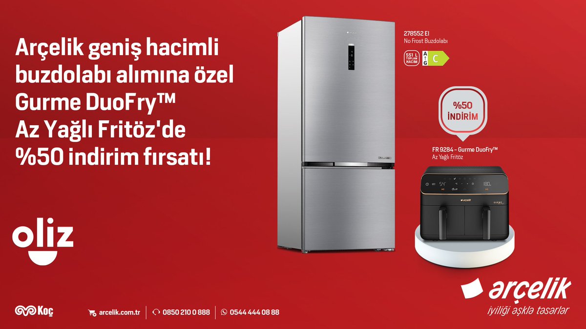 Arçelik geniş hacimli buzdolabı alımına özel Gurme DuoFry Az Yağlı Fritöz'de %50 indirim fırsatı! #arcelik #asillerltd #indirim #nofrost #buzdolap #airfry #fritöz