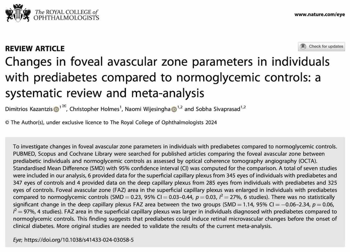 Systematic review findings suggest that prediabetes could induce retinal microvascular changes before the onset of clinical diabetes. Read the full paper here: nature.com/articles/s4143… #Ophthalmology #Diabetes