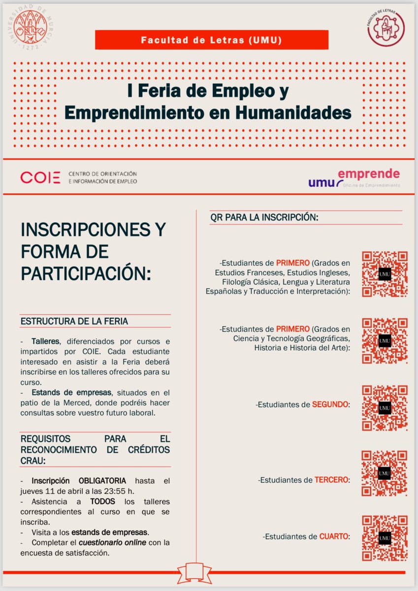 Estudiantes de la Facultad de Letras! 🎓✨ No os perdáis la I Feria de Empleo y Emprendimiento en Humanidades el 17 de abril de 2024, en el Campus de La Merced🚀📚 ℹ️Disponéis de toda la información: um.es/web/letras/-/i… #EmpleoHumanidadesUMU #FeriaEmpleoUMU #ValorHumanidades