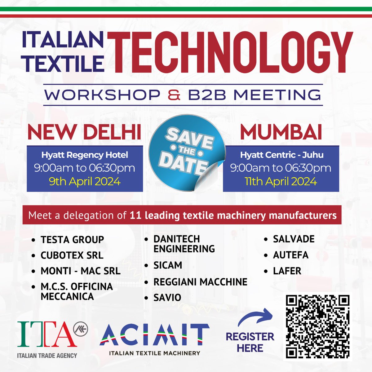 Don't miss out on the Italian Textile Technology event in Mumbai on April 11th, 2024! Join ITA and ACIMIT for a conference featuring 11 leading Italian Textile Machinery Manufacturers.

Register Here: docs.google.com/forms/d/e/1FAI…

#ItalianTextileMachinery #ACIMIT #TextileIndustry