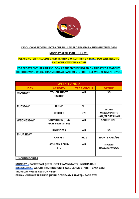 Please find our extra curricular programme starting from Monday 15th April. Lets get as many pupils there as possible 👊 - Please also note the different transport arrangements! #showyourCARDS