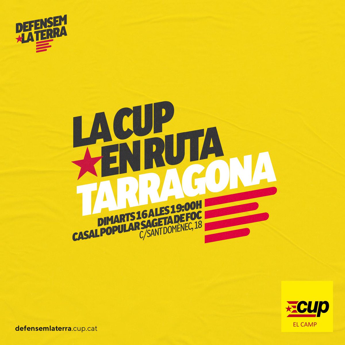 El proper dimarts, la CUP en ruta arriba a Tarragona, on se celebrarà una assemblea oberta amb les candidates al #12Maig 📅 Dimarts 16 d'abril ⏰ 19h 📍Casal @la_Sageta de Foc Us hi esperem #DefensemLaTerra!