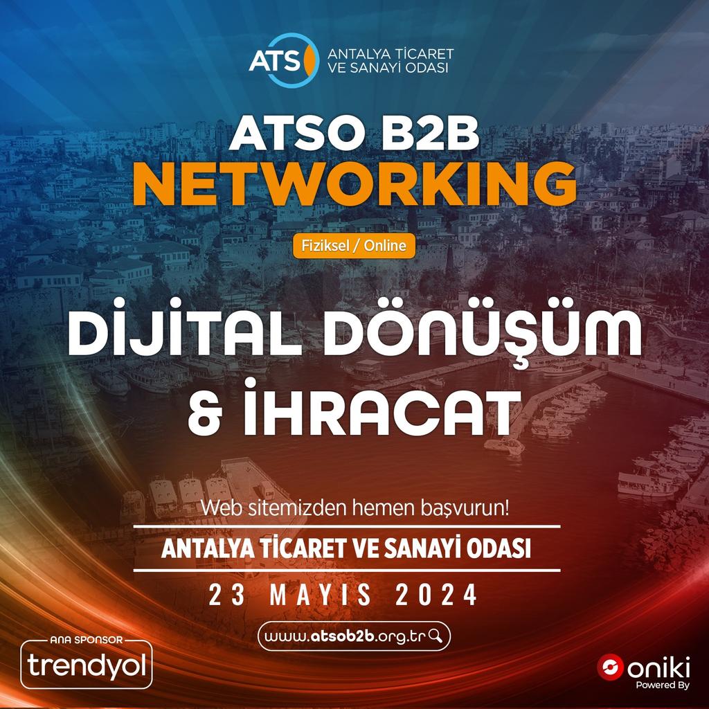 'ATSO B2B NETWORKING' 23 MAYIS 2024’TE ANTALYA’DA! Takvimlerinizde şimdiden 23 Mayıs’ı bize ayırmayı unutmayın! Ücretsiz olarak gerçekleştirilecek olan etkinliğimize, atsob2b.org.tr adresinden ön kayıt yapılarak katılım sağlayabilirsiniz. 🗓️ 23 Mayıs 2024 🚩 ATSO…