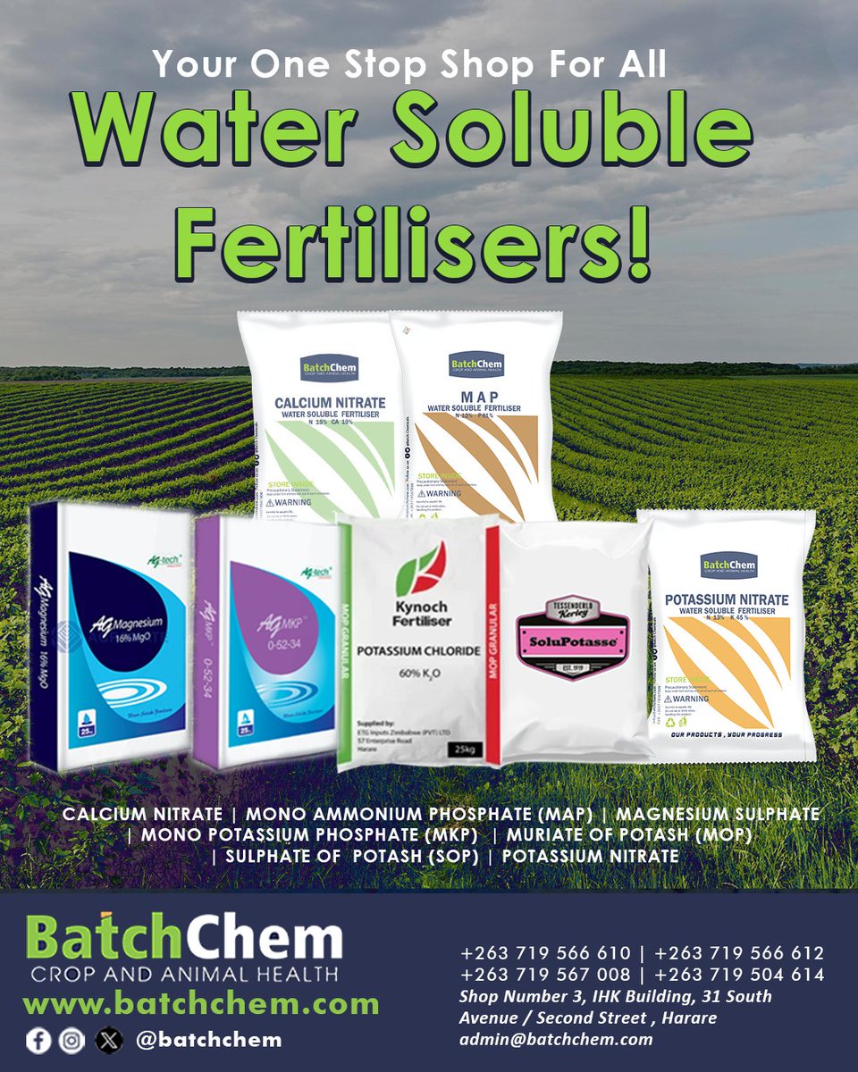 All Water Soluble Fertilisers Available on Retail and Wholesale Prices!
#OurProductsYourProgress🔥

📍 31 South Avenue/Second Street, CBD, Harare. 
📞 Chat with us on WhatsApp: wa.me/263719566612