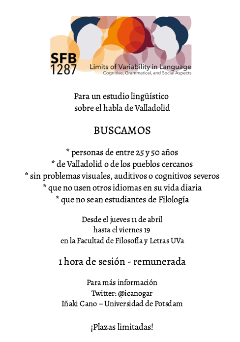 Buscamos hablantes de Valladolid de entre 25 y 50 años para un estudio lingüístico. Una hora de sesión, remunerada. Mira la información y, si te interesa, escríbeme!