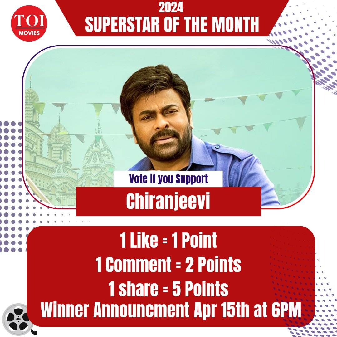 SUPER STAR OF THE MONTH ✴️

Vote if you Support - #Chiranjeevi ❤️

1 Like = 1 Point 
1 Repost= 5 Points 
1 Bookmark = 2 Points
1 Reply = 1 Point 

Winner Announcement On 15 April At 6PM

#MegastarChiranjeevi #Mega156