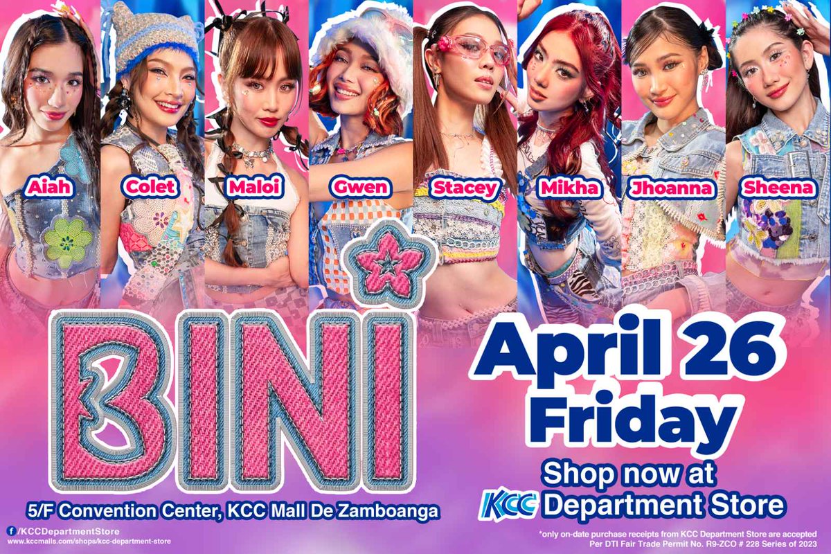 BINI_ph's tweet photo. #BINI : Fairytale no more coz less than 3 weeks nalang, makakasama niyo na kami at #KCCArtistShow!🤯

🗓️ April 26, Friday
📍 KCC Mall de Zamboanga

Shop NOW at KCC Department Store with your KCC Bonus Card &amp; get FREE BINI TICKETS! Kita-kits mga Langga!🫰❤️

#BINI_AbrilAlwaysLoveU https://t.co/mvkotRdg7m