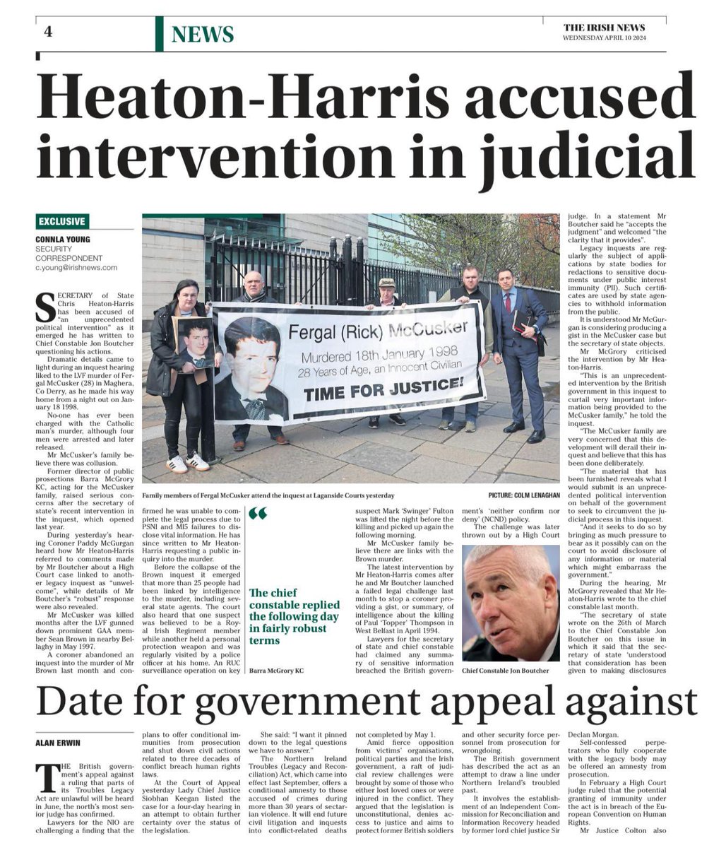 ‘An unprecedented political intervention’ by SOSNI in the judicial process. Excellent coverage by @irish_news of yesterdays hearing into the inquest of Fergal McCusker, shot dead by the LVF in January 1998. Our @pomuirigh represents the McCusker family #legacyinquest