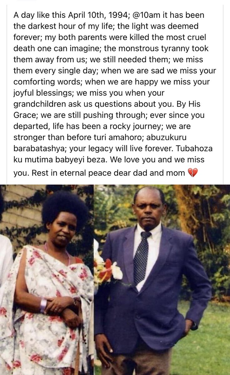 Dear parents; today marks 30yrs since you were taken away from us; turabakumbura; we live up to your legacy; all the values you instilled in us; we try our best to transfer them to your grandchildren. We dearly miss you. Mukomeze muruhukire mu mahoro babyeyi dukunda 💔💔💔