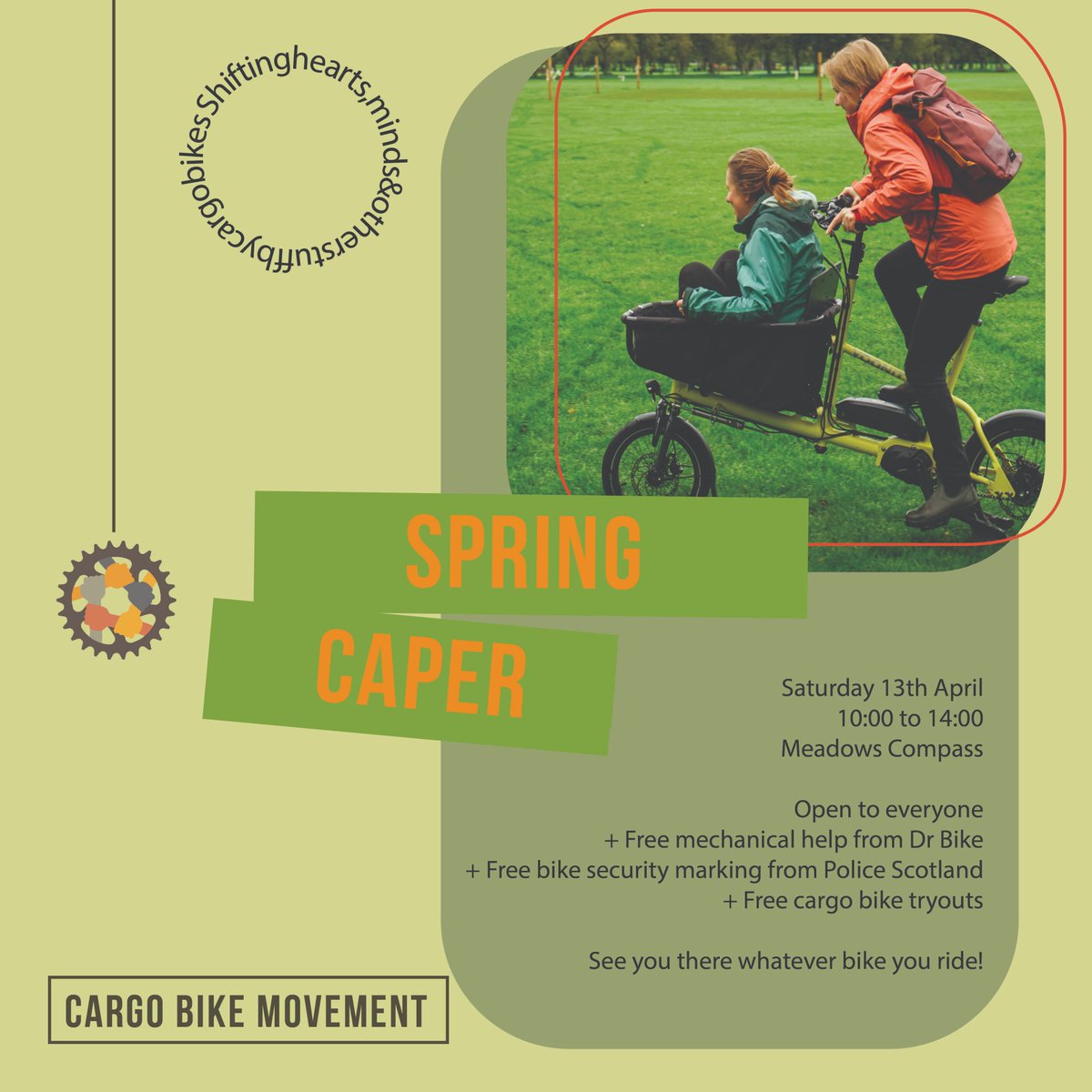 Saturday 13th April 10:00 to 14:00 Meadows Compass Open to everyone + Free mechanical help from Dr Bike + Free bike security marking from Police Scotland + Free cargo bike try-outs See you there whatever bike you ride!